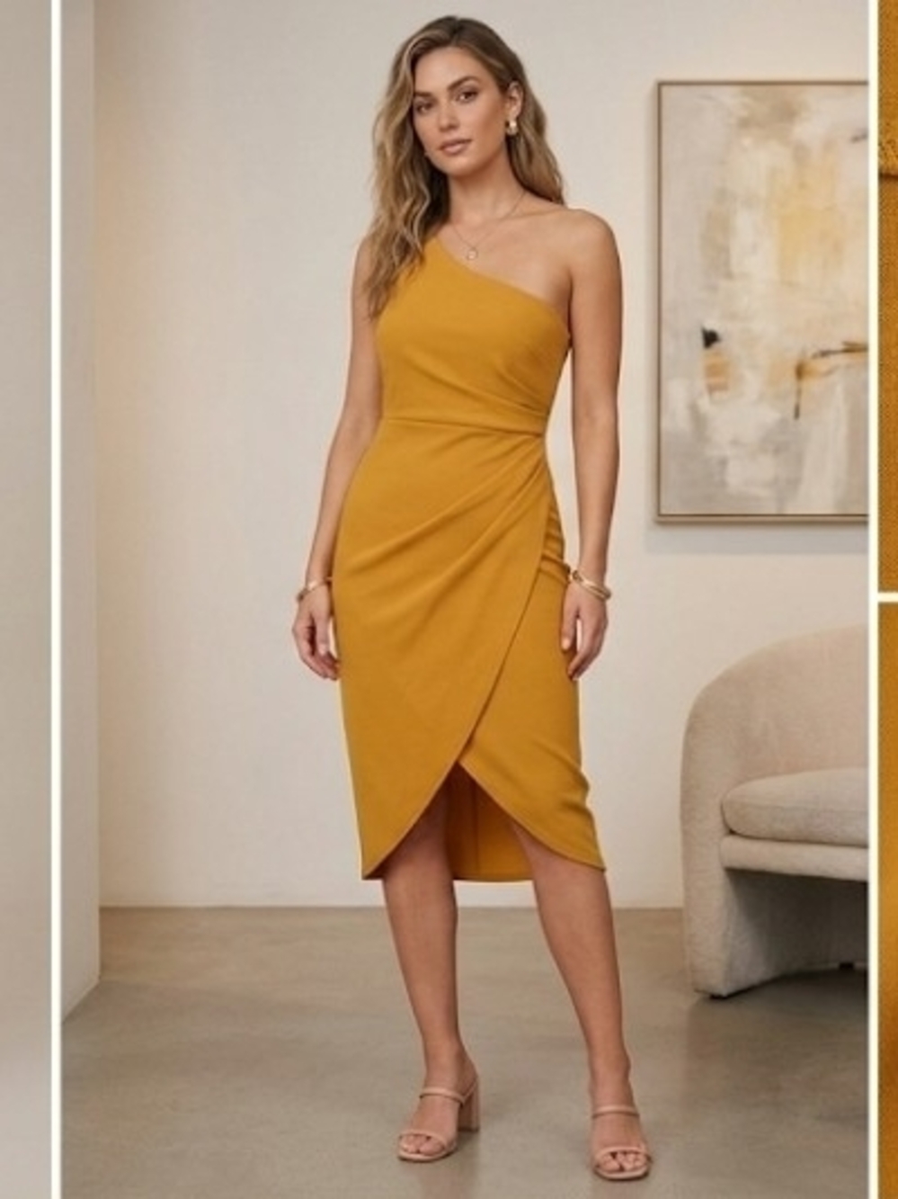 One-Shoulder Mustard Wrap Midi Dress